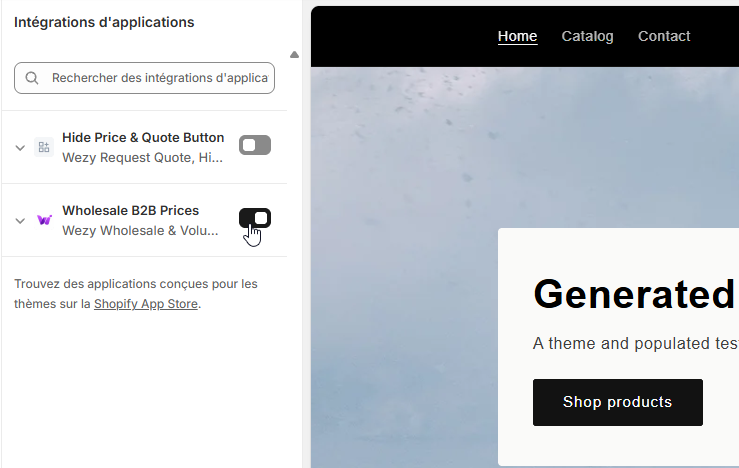 The Shopify theme editor showing the App embeds panel with the Wholesale B2B Prices toggle