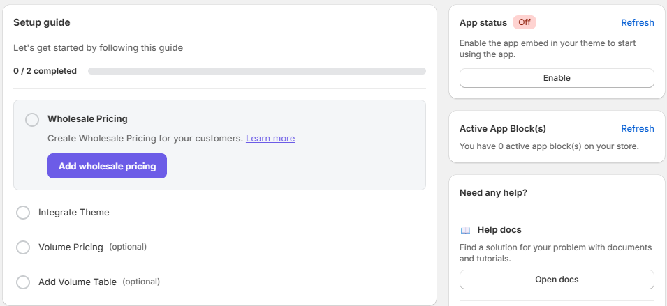 The Wezy dashboard after installation, with the App status showing Off