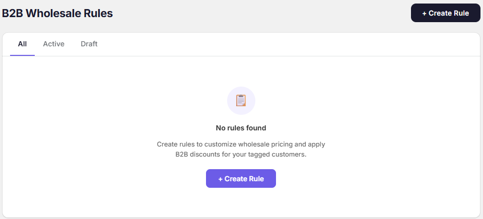 The B2B Wholesale Rules page with the Create Rule button